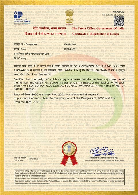Government of India Patent Office certificate of registration of design number 476684-001