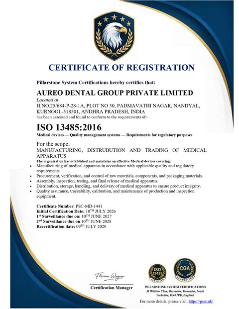 ISO 13485:2016 certificate of registration for Aureo Dental Group Private Limited